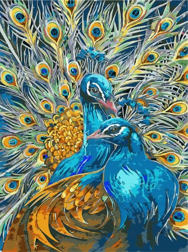 צביעה לפי מספרים - זוג טווסים בחיזור