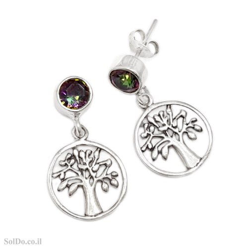עגילים מכסף תלויים משובצים מיסטיק טופז דגם "עץ החיים"  A8994 | תכשיטי כסף | עגילי כסף