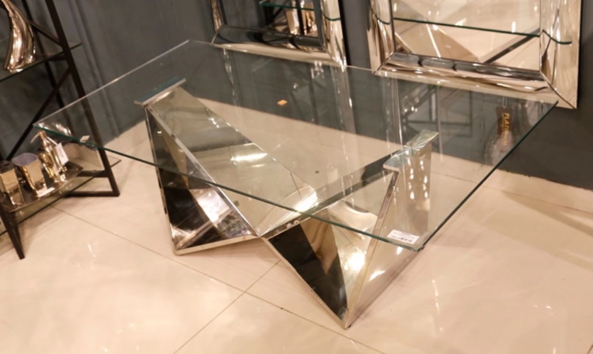 שולחן סלון נירוסטה כסף זכוכית שקופה