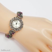 שעון מכסף מעוצב משובץ מרקזטים ואבני אמרלד, רובי וספיר SH3265 | תכשיטי כסף