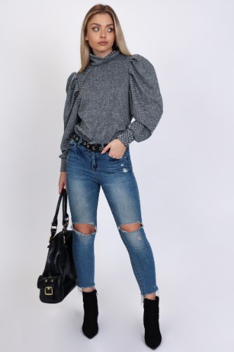 סריג מישל  גולף לערב שחור לבן/כאמל שחור