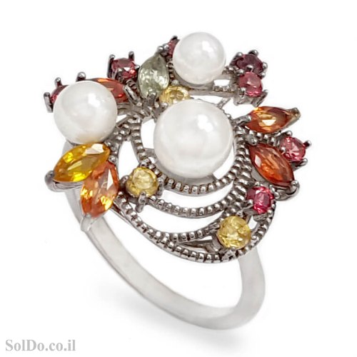טבעת מכסף משובץ אבני ספיר צבעוניות ופנינים RG6358 | תכשיטי כסף