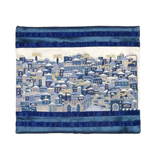 כיסוי לטלית רקמה מלאה ירושלים כחול