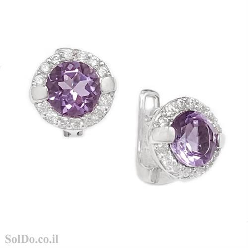 עגילי כסף משובצים אבני אמטיסט סגול וזרקונים A8752 | תכשיטי כסף