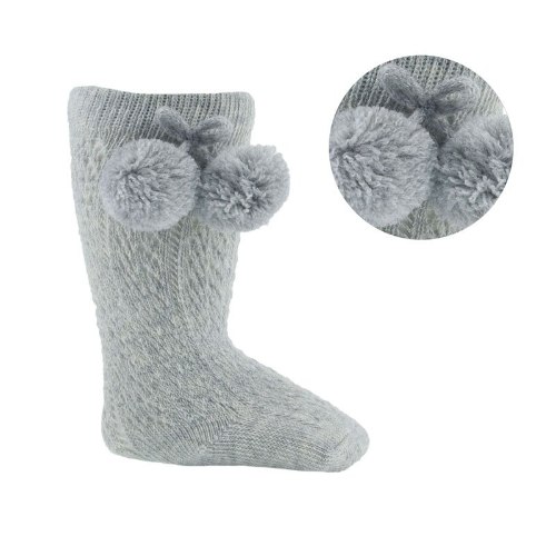 גרב ברך סרוגה ופונפונים בצד - אפור