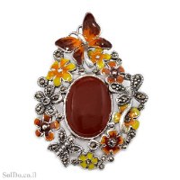 סיכה-תליון מכסף מעוצבת משובצת מרקזטים, אבן קרנליאן ואמייל צבעוני T6194 | תכשיטי כסף