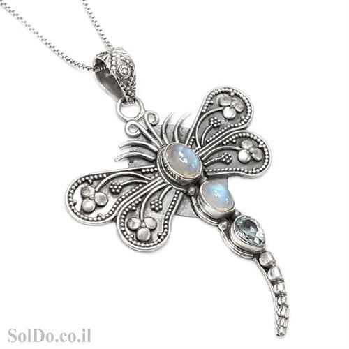 תליון מכסף מעוצב בצורת שפירית בשילוב אבני מונסטון וטופז כחולה  T6057 | תכשיטי כסף