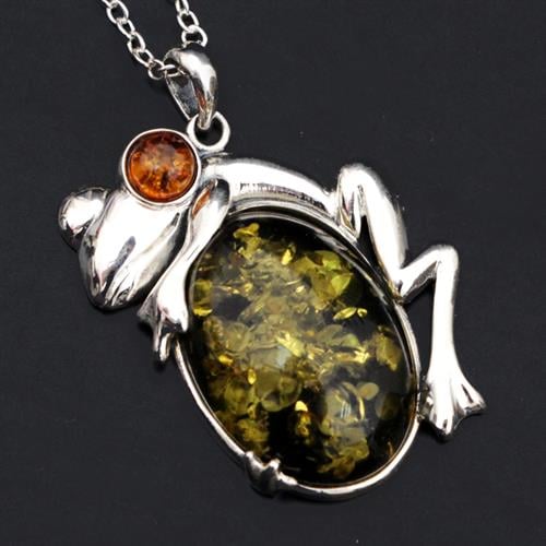 תליון כסף צפרדע משובץ ענבר ירוק T8455