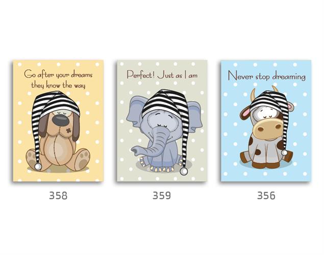 סט של 3 תמונות השראה לחדר ילדים תינוקות חיות מנוקדות פיל, פרה, כלב דגם 123