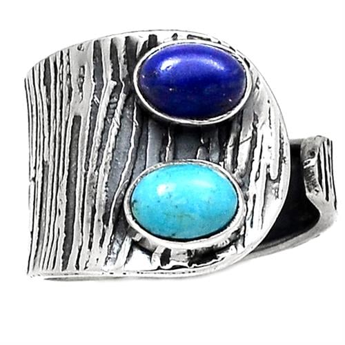 טבעת כסף משובצת אבני טורקיז ולפיס לזולי RG5732 | תכשיטי כסף 925 | טבעות כסף