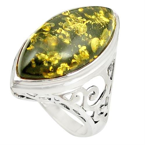 טבעת כסף משובצת ענבר ירוק RG5887 | תכשיטי כסף 925 | טבעות כסף