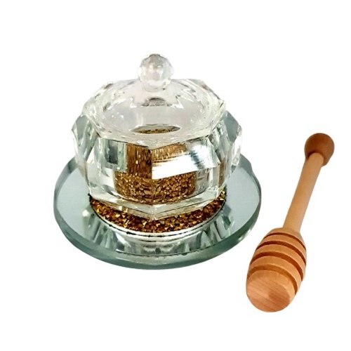 כלי לדבש בסיס נצנץ זהב וצלוחית קריסטל