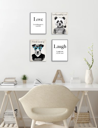 רביעיית תמונות השראה אהבה, צחוק, דובי פנדה וכלב עם משקפים דגם 10