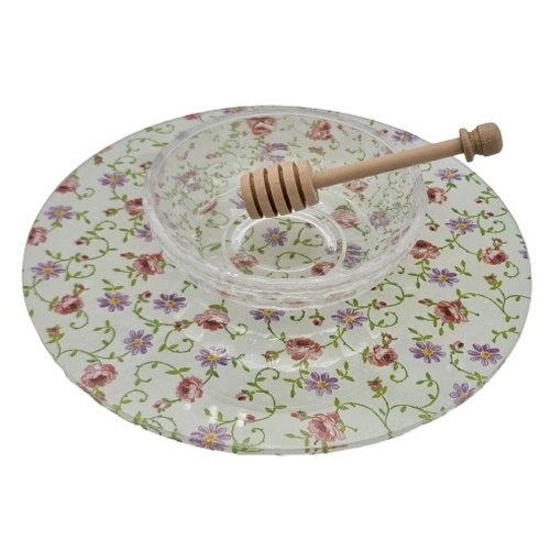 כלי לדבש עם רגלית זכוכית + רודה דבש עץ דגם פרחוני