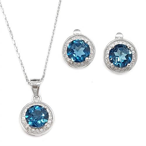 עגילים ותליון מכסף משובצים אבני טופז כחולה וזרקונים S1565