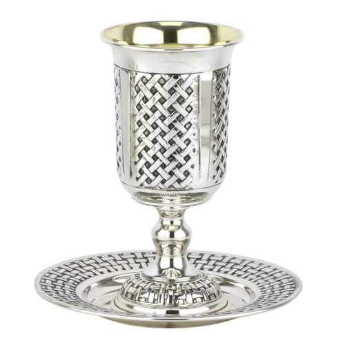 סט גביע קידוש + תחתית כסף טהור דגם ישעיהו קלוע