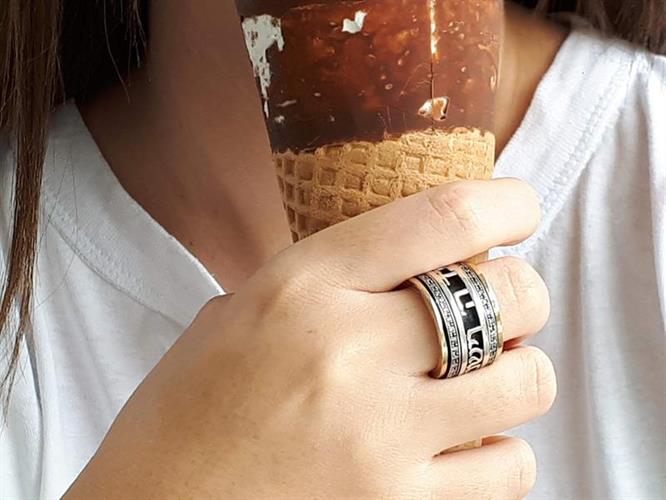 R-09  טבעת מסתובבת - ברכת הכהנים משובץ אבני זירקון  עשויה כסף ושילוב זהב 14K