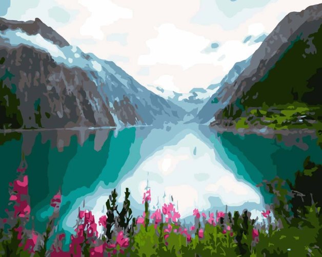 צביעה לפי מספרים - נהר בין הרים מושלגים