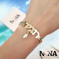 צמיד קשיח פתוח שם עם חריטות + חמסה משובצת דגם LA418