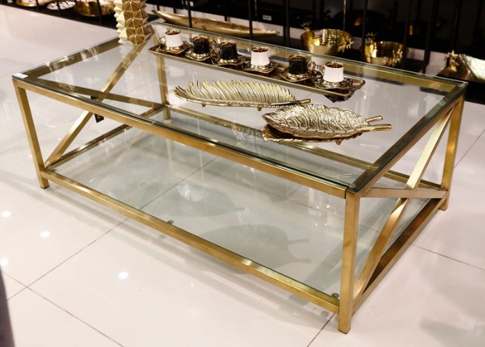 שולחן מלבני לסלון נירוסטה זהב מוברש
