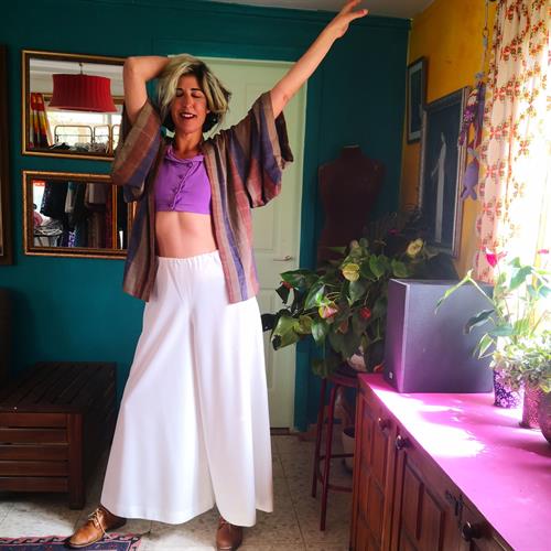 מכנס לבן מתרחב מותן גומי מידה S/M/L