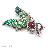 סיכה מכסף מעוצבת דגם "חיפושית" משובצת מרקזטים, פנינה לבנה, אבני רובי ואמייל צבעוני T6193