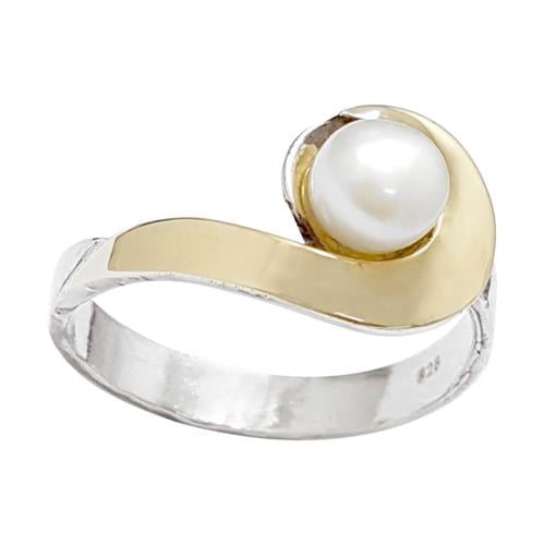 טבעת כסף מצופה זהב 9K משובצת פנינה לבנה  RG5968 | תכשיטי כסף | טבעות כסף