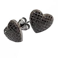 עגילים מכסף בצורת לב משובצים אבני זרקון שחורות A3345