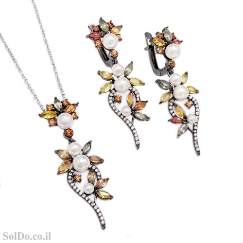 עגילים ותליון מכסף משובצים אבני ספיר צבעוניות ופנינים S1747 | תכשיטי כסף