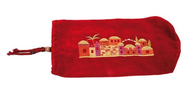 תיק לשופר קטן קטיפה אדום עם רקמה ירושלים