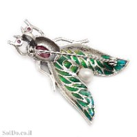 סיכה מכסף מעוצבת דגם "חיפושית" משובצת מרקזטים, פנינה לבנה, אבני רובי ואמייל צבעוני T6193