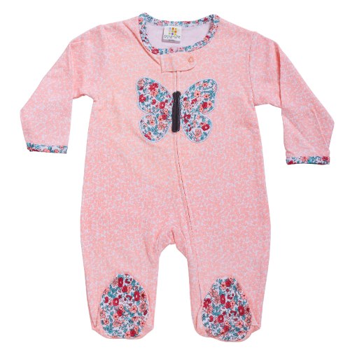 אוברול טריקו ארוך פרפר ופרחים ורוד בייבי