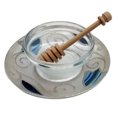כלי לדבש מזכוכית טוליפ עבודת יד + רודה דבש עץ