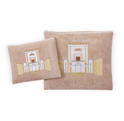 כיסוי לטלית ותפילין בצבע בז' עם עיטור בית המקדש