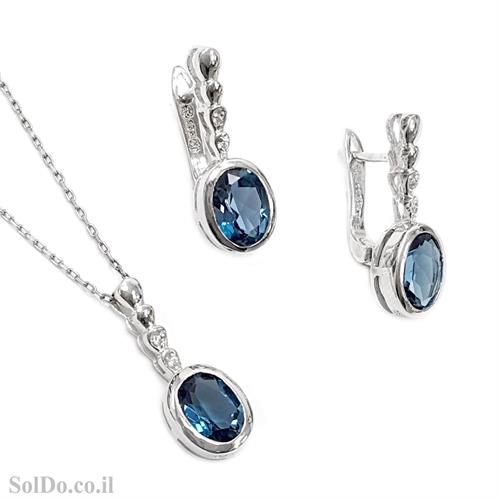 סט עגילים ותליון מכסף משובצים אבני טופז כחולה וזרקונים S1594