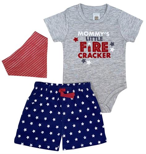 חליפת בגד גוף מכנס כוכבים אפור מלאנג' + סינר בנדנה