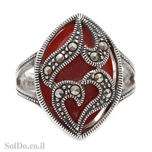 טבעת כסף משובצת אבן קרנליאן ומרקזטים RG1582 | תכשיטי כסף 925 | טבעות כסף