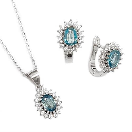 עגילים ותליון מכסף משובצים אבני טופז כחולות וזרקונים S1570