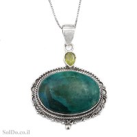תליון מכסף משובץ אבן קריסוקולה ואבן פרידוט T6143 | תכשיטי כסף