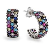 עגילי חישוק מכסף משובצים 3 שורות אבני זרקון צבעוניות A8385 | תכשיטי כסף 925