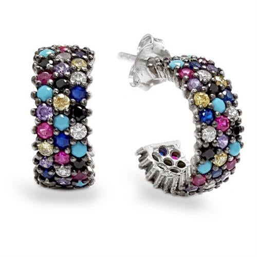 עגילי חישוק מכסף משובצים 3 שורות אבני זרקון צבעוניות A8385 | תכשיטי כסף 925