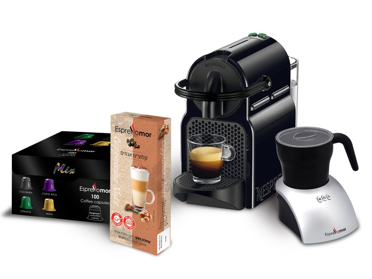 מכונת נספרסו איניסיה + מקציף חלב וואן טאצ' + 100 קפסולות קפה מיקס + 10 קפסולות קפוצ'ינו אגוזים