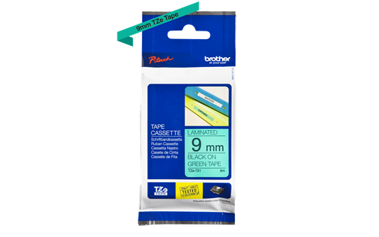 סרט סימון שחור על רקע ירוק Brother TZe721 Labelling Tape Cassette 9mmx8m