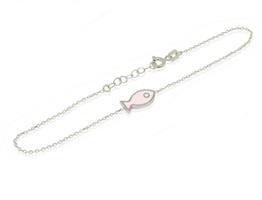 צמיד זהב לבן עדין דג עם אמייל ורוד