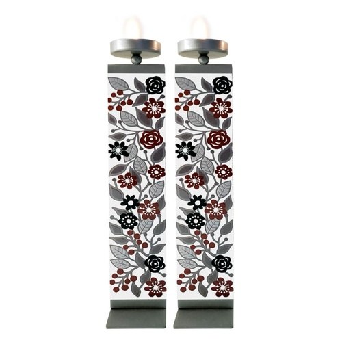 פמוטים לשבת עיצוב פרחים אדום - אפור