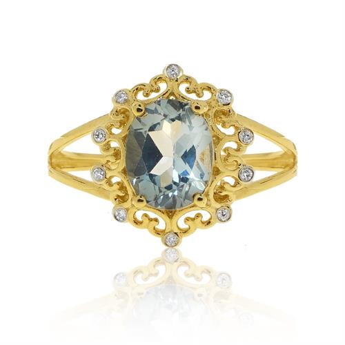 טבעת בלו טופז ויהלומים בסגנון וינטאג' בזהב 14 קרט