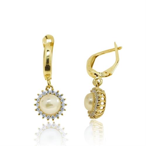 עגילי זהב 14 קרט נתלים משובצים פנינה ו0.56 קראט יהלומים