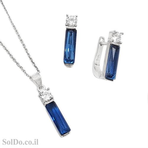 עגילים ותליון מכסף משובצים אבן זרקון כחולה בצורת מלבן S1632