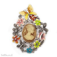 סיכה-תליון מכסף מעוצבת משובצת מרקזטים, קמיאו ואמייל צבעוני T6194 | תכשיטי כסף