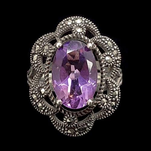 טבעת כסף משובצת מרקזטים ואבן אמטיסט סגולה RG1472 | תכשיטי כסף 925 | טבעות כסף